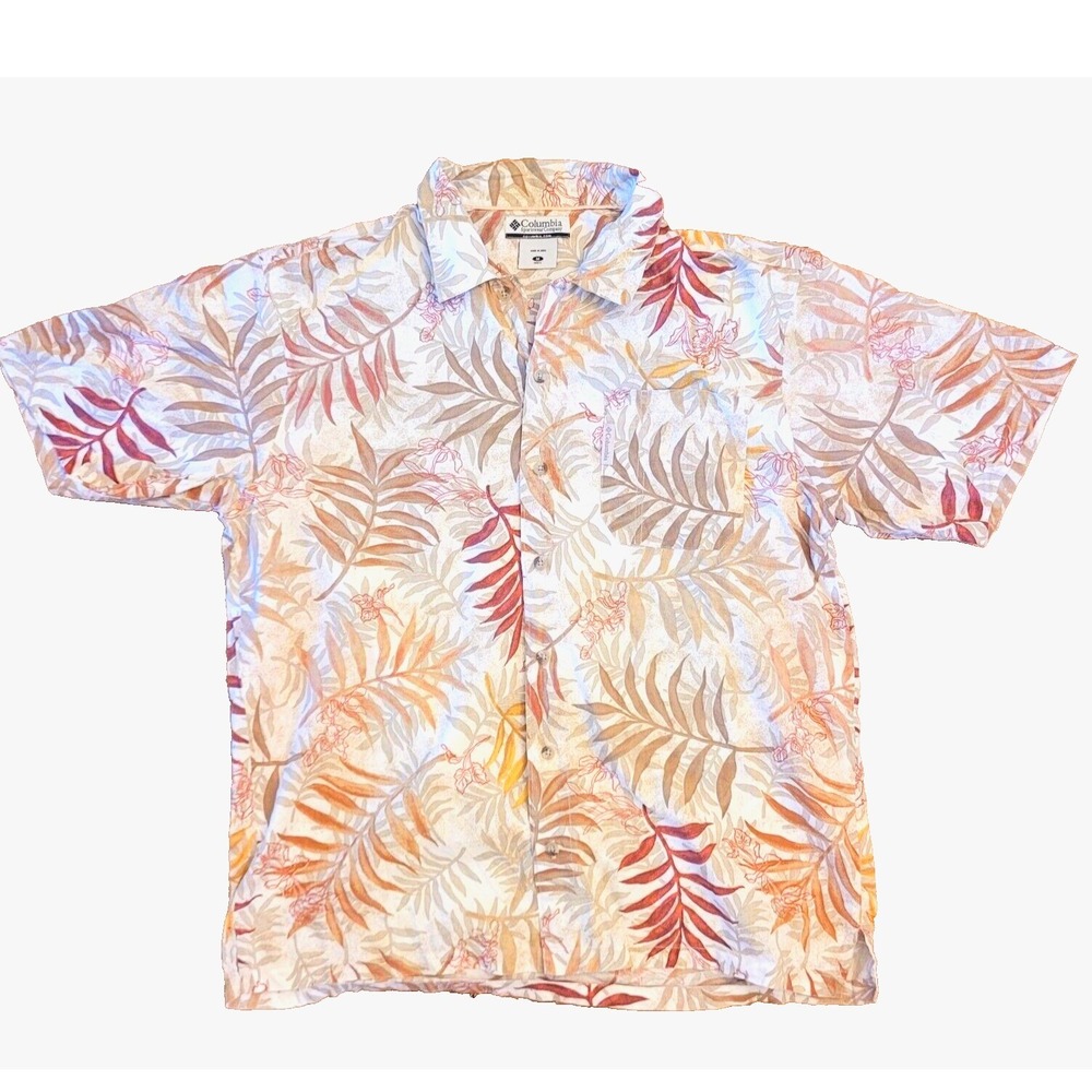 Columbia Mens Tropical Floral Button-Up Shirt Medium Beige Red Hawaii Outdoors - Picture 1 of 8